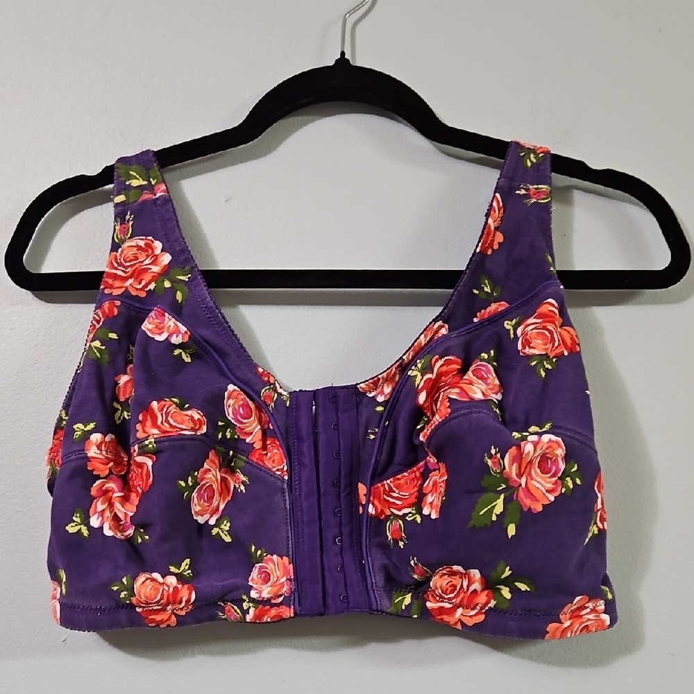 Floral Purple Bra Top Front Closure Wire Free Padless Size 42DD